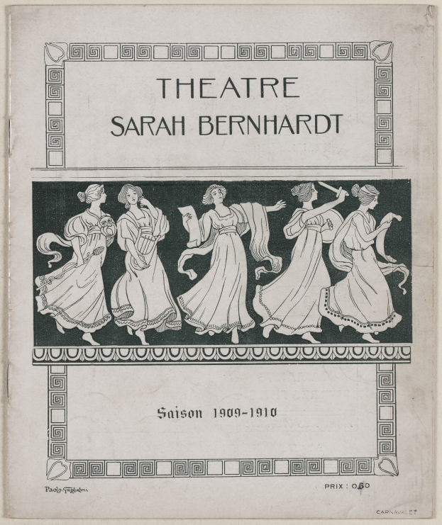 Plakat für das Theatre Sarah Bernhardt von 1909-1910, das eine Gruppe von Frauen in der Mitte zeigt, mit Text, der das Theater und die Schauspieler beschreibt.