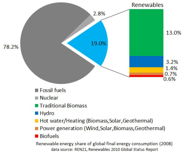 Tortendiagramm, das den globalen erneuerbaren Energieverbrauch im Jahr 2008 zeigt, aufgeschlüsselt nach Quellen wie fossile Brennstoffe, Kernenergie, Wasserkraft, Biomasse, Solarenergie, Geothermie und Biokraftstoffe.