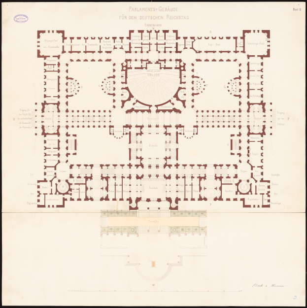 Ein detaillierter Grundrissplan des Reichstagsgebäudes in Berlin, Deutschland, der den kreisförmigen Aufbau, Räume, Flure und andere Merkmale mit begleitendem Text zeigt, der den Aufbau beschreibt.
