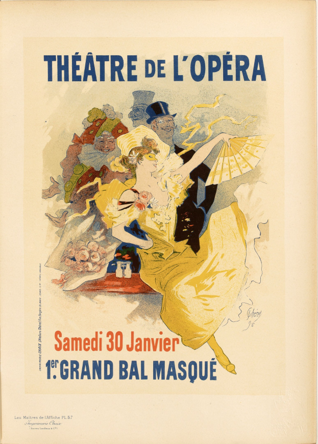 Plakat für das Théâtre de l'Opéra in Paris mit einer Frau in einem weißen Kleid mit einem blauen Schal, ihre Haare zu einem Dutt gebunden, vor einem tiefblauen Hintergrund mit Sternen und schwarzer Schrift, die 'Theater der Oper' liest.