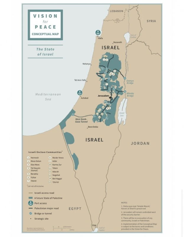 Plakat mit der Aufschrift "Vision für Frieden Konzeptkarte" mit einer farbcodierten Karte von Israel in fetter schwarzer Schrift.