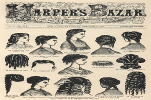 Eine Zeitschrift von Harper's Bazaar mit Bildern von Frauen mit verschiedenen Frisuren und begleitendem Text.