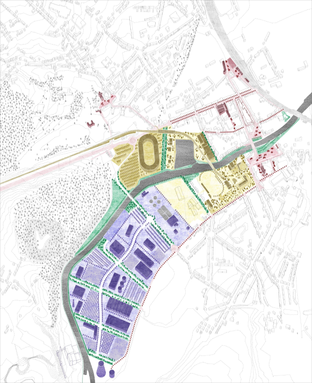 Vorgeschlagener Lageplan für die neue Stadt London, farbige Karte mit verschiedenen Stadtbereichen und Erl├Ąuterungstext oben und unten.