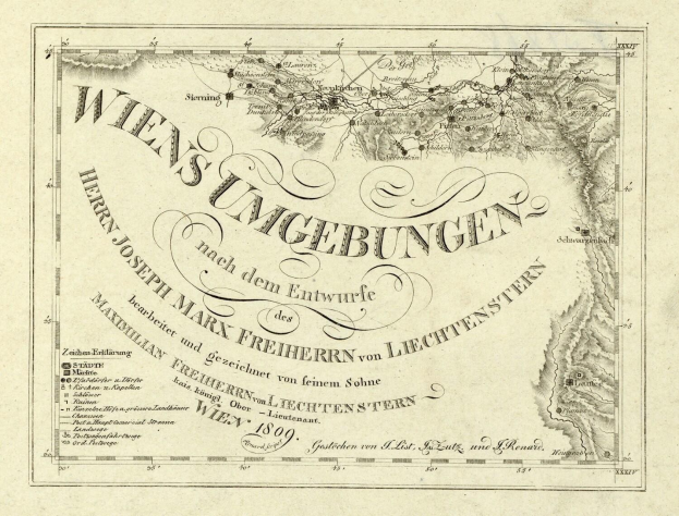 Detailierte alte Karte von Wien, Deutschland, mit Städten, Dörfern, geografischen Merkmalen, Straßen, Sehenswürdigkeiten und Text mit zusätzlichen Informationen wie Bevölkerung.