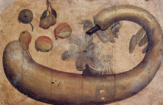 Ein leuchtendes Gemälde auf Papier mit einer Banane, die mit einer Blume geschmützt ist und von verschiedenen Früht und Blättern umgeben ist.