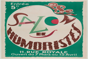 Ein Plakat, das ein Humor-Salon in Paris, Frankreich, bewirbt, mit Text, der die Angebote des Salons beschreibt.