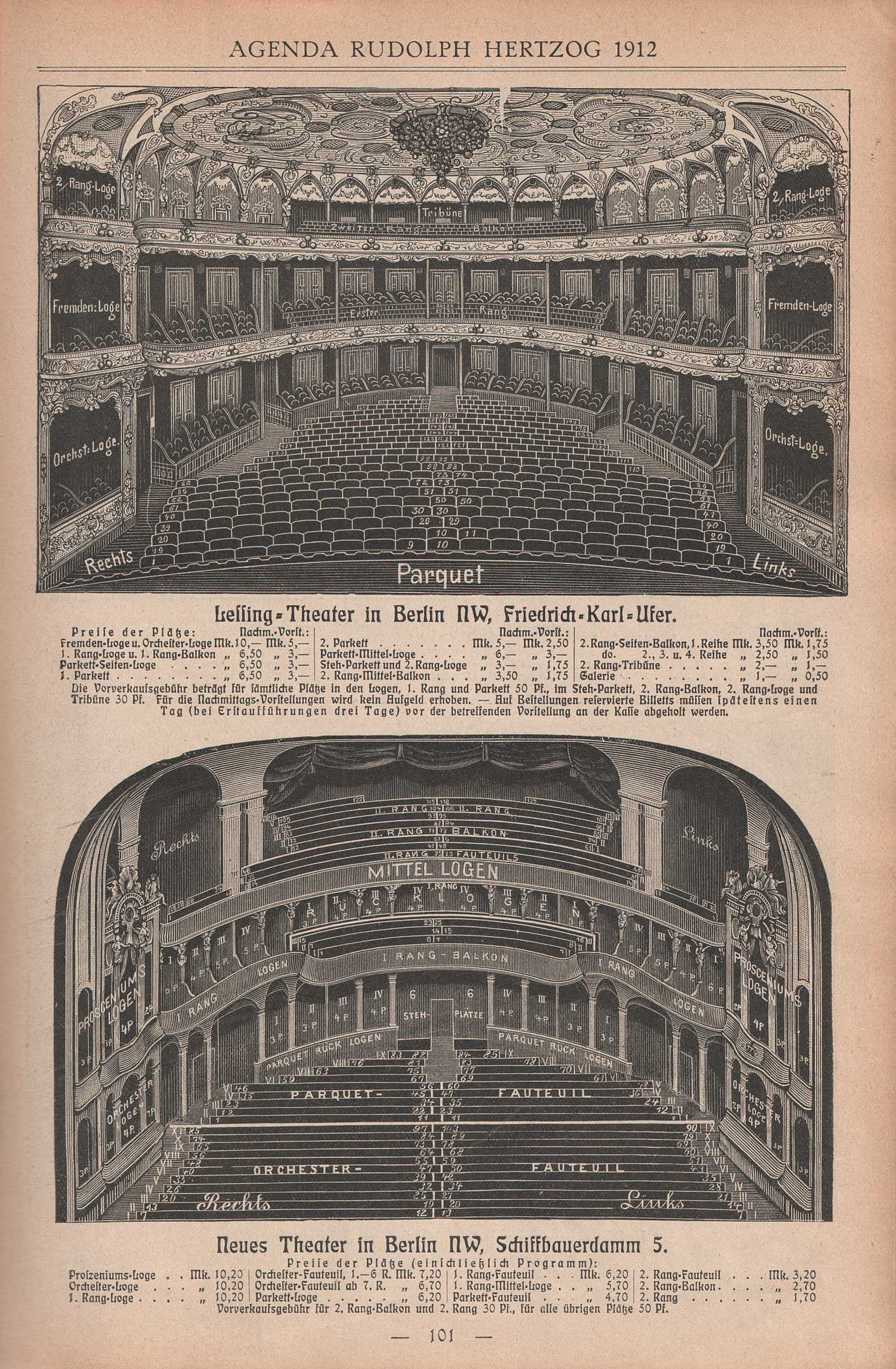 Schwarz-weiß-Illustration einer alten Buchseite mit einem großen Auditorium in Berlin, Deutschland, aus dem Jahr 1912, mit detaillierten Zeichnungen und Texten über den Aufbau des Theaters.