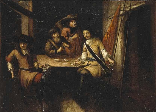 Gemälde namens "Das Kartenspiel" von Rembrandt van Rijn, das eine Gruppe von Menschen zeigt, die in einer Wirtschaft Karten spielen, mit einem Vorhang und einem Fenster rechts.