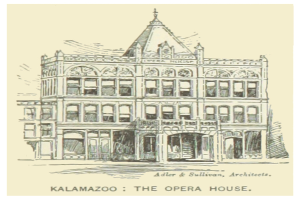 Ein Plakat mit dem Kalamazoo Opera House, einem zweistöckigen Gebäude mit rotem Dach, weißen Wänden, mehreren Fenstern und einer zweiten Etage mit Balkon, auf dem der Text "Kalamazoo, das Opera House" zu sehen ist.