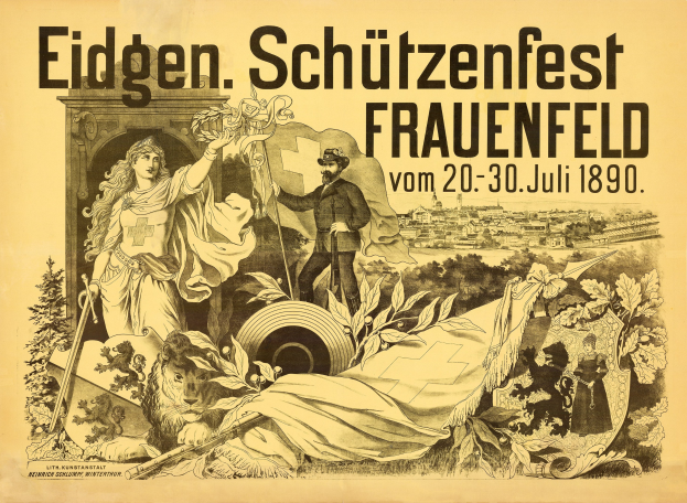 Plakat für das Eidgenöschützenfest in Frauenfeld, Deutschland, das einen Mann in einem Anzug und eine Frau in einem Kleid zeigt, die nebeneinanderstehen, sowie Veranstaltungsdetails.