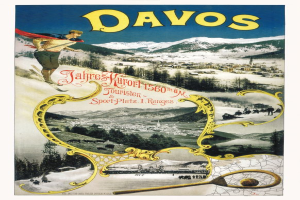 Ein Vintage-Plakat bewirbt das Skigebiet Davos in der Schweiz, das einen Skifahrer im Vordergrund zeigt, umgeben von Bäumen, Häusern und Bergen, sowie beschreibenden Text.