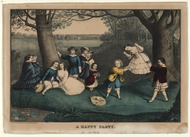 Gruppe von Kindern, die in einem Park mit Bäumen, Pflanzen und Gras spielen, einige sitzen, andere stehen, mit dem Text "Ein fröhliches Fest" unten.