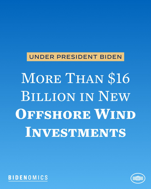 Plakat mit blauem Hintergrund und weißer Schrift, die besagt "Mehr als 16 Milliarden US-Dollar in neue Offshore-Wind-Investitionen unter Präsident Biden".