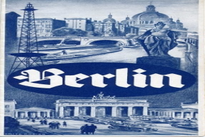 Plakat, das Berlin, Deutschland bewirbt, mit einer Statue, historischen Gebäuden, einem Turm, Fußgängern, Fahrzeugen auf einer Straße und einer Brücke, mit Text, der Stadtinformationen bereitstellt.