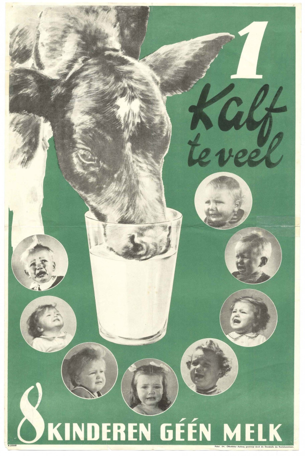 Ein Plakat mit einer Kuh, die Milch aus einem Glas trinkt, umgeben von Bildern von Kindern und Text auf dem Plakat.