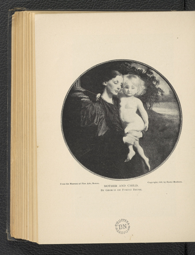 Ein aufgeschlagenes Buch mit einer Illustration einer Frau, die ein Baby h├Ąlt, mit der ├ťberschrift "Mutter und Kind" über ihnen.