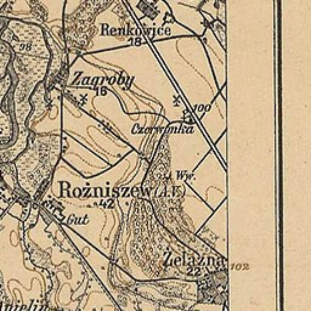 Alte Karte von Rozniszew, Polen, zeigt Straßen, Gebäude und Sehenswürdigkeiten mit nummerierten Texten.