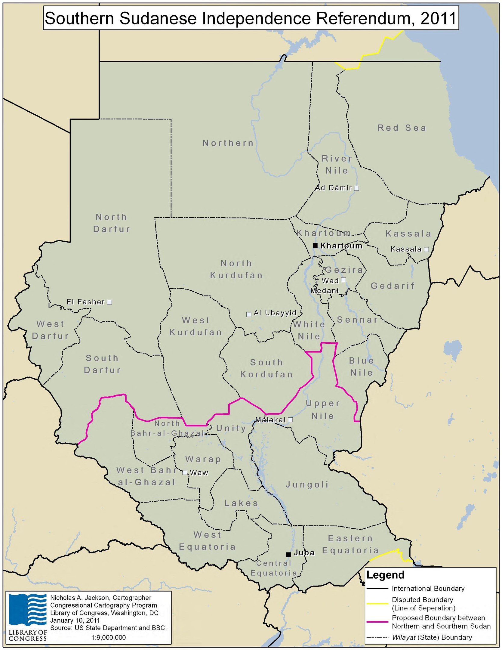 Plakat mit einer bunten Karte der Süddarfur-Referendum in 2011, einschließlich Symbole und erklärenden Text.