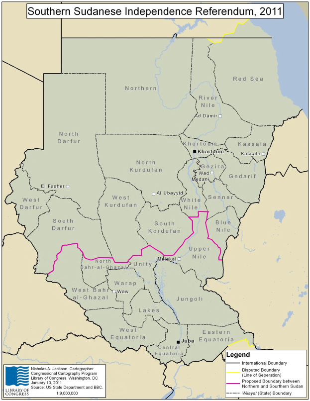 Plakat mit einer bunten Karte der Süddarfur-Referendum in 2011, einschließlich Symbole und erklärenden Text.