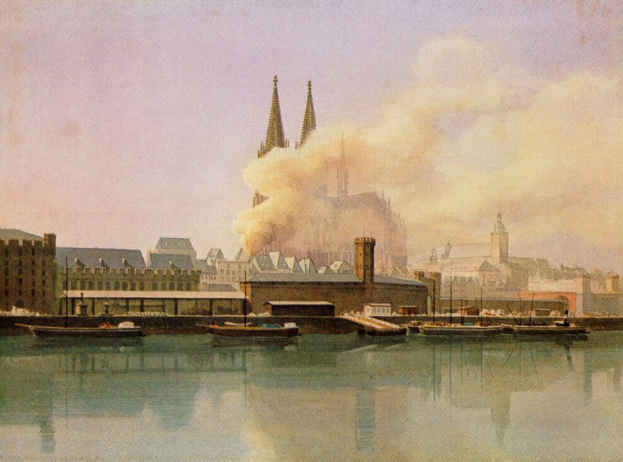 Gemälde einer 19. Jahrhundert-Köln-Stadtansicht mit Booten, Gebäuden, Rauch und Himmel, signiert 'Köln, Deutschland im 19. Jahrhundert' unten.