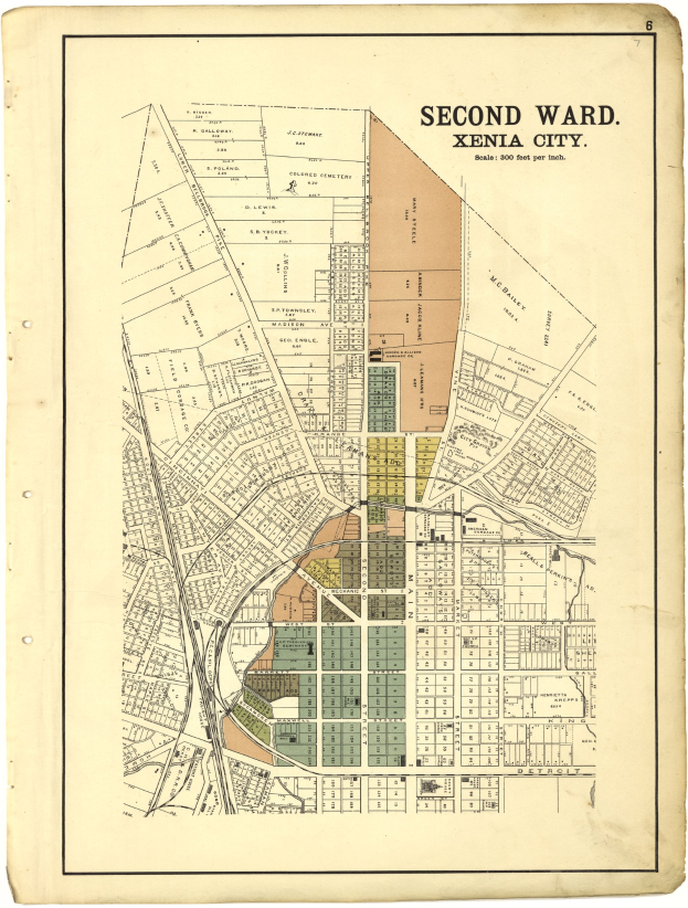 Alte Karte des zweiten Wahlbezirks von Xenia Stadt, zeigt Straßen, Gebäude und Sehenswürdigkeiten mit Text oben und unten.