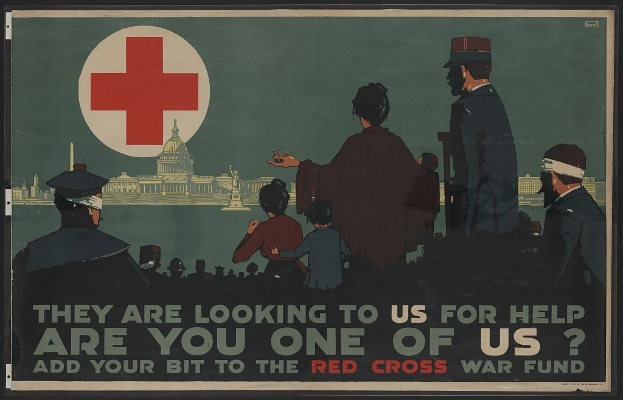 Plakat mit einer Gruppe von Menschen vor einem Geböude mit einem roten Kreuz und Text, der um Unterstützung für das Rote Kreuz-Kriegsfonds bittet.