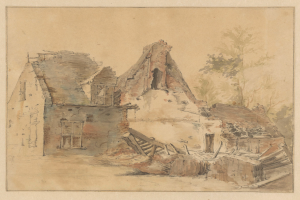 Eine Zeichnung eines baufälligen Hauses mit einem kaputten Dach und bröckelnden Wänden, umgeben von verstreuten Bäumen und Holzgegenständen auf dem Boden.