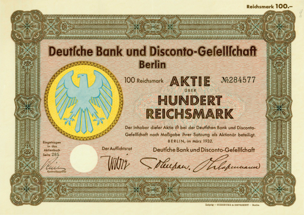 Alte deutsche Banknote mit Vogelmotiv, ausgegeben von der Deutschen Bank und Disconto-Gesellschaft in Berlin.