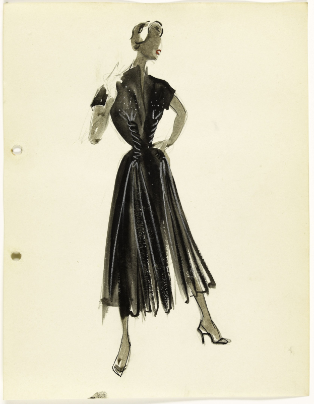 Eine Illustration im Stil der 1950er Jahre zeigt eine Frau in einem schwarzen Kleid mit detaillierten Verzierungen, schwarzen High Heels und einem klassischen Hairstyle auf einem weißen Hintergrund.
