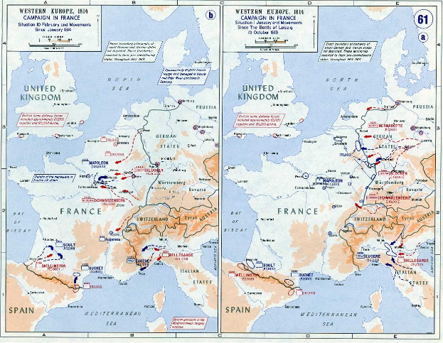 Eine historische Posterkarte von Europa während der Schlacht von Leipzig, unterteilt in Abschnitte für Europa und Frankreich, mit nummerierten Regionen und textueller Beschriftung von Städten, Dörfern und geografischen Merkmalen.