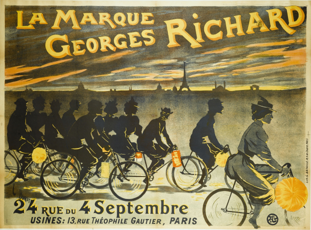 Ein Plakat für ein Fahrradrennen in Paris mit Radfahrern vor dem Eiffelturm und Text, der das Ereignis beschreibt.