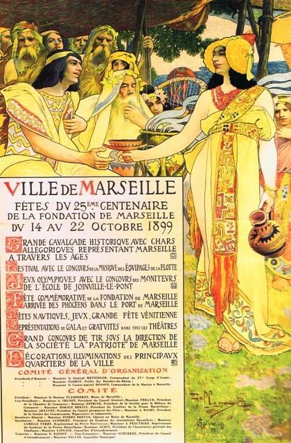 Plakat für ein 1899-Fest in Marseille, Frankreich, das eine Gruppe von Menschen mit Gegenst├Ąnden und B├Ąumen im Hintergrund zeigt, begleitet von Text.