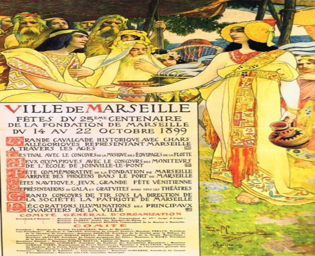 Plakat für ein 1899-Fest in Marseille, Frankreich, das eine Gruppe von Menschen mit Gegenst├Ąnden und B├Ąumen im Hintergrund zeigt, begleitet von Text.