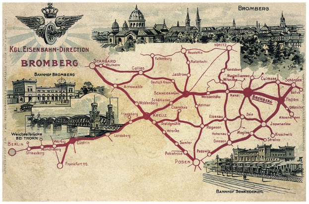 Detailierte Plakatkarte von Bromberg, Deutschland, zeigt Straßen, Sehenswürdigkeiten, Gebäude, Bäume, eine Brücke und informativen Text über die Geschichte, Kultur und Attraktionen der Stadt.