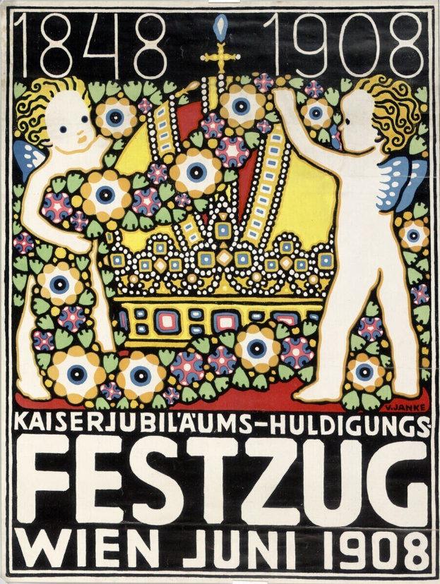 Plakat für ein Wiener Festival mit einem Gemälde von einem Jungen und einem Mädchen, die nebeneinander stehen und sich umarmen, sowie Text mit Festivaldetails.