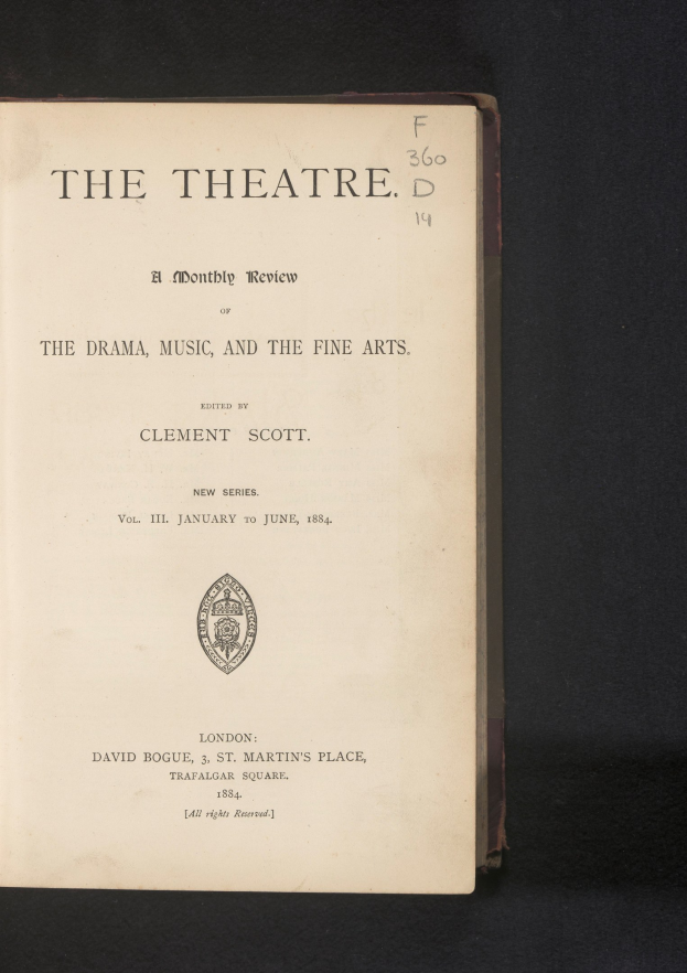 Offenes Buch mit dem Titel "The Theatre: A Monthly Review of the Drama, Music, and the Fine Arts" und einer sichtbaren Textseite und einem Logo.