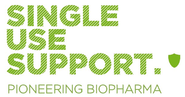 Weißer Hintergrund mit fettem grünem Text, der "single use support pioneering biopharma" liest.