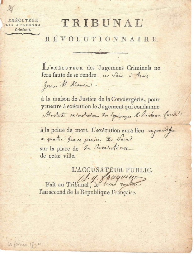 Altes französisches Dokument mit der Überschrift 'Tribunal Révolutionnaire', das Urteile über kriminelle Hinrichtungen enthält, mit vergilbtem Papier und geschwungener Schrift.