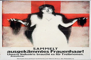 Ein deutsches Propagandaplakat mit einer Frau mit langen Haaren und Textinformationen über sie.