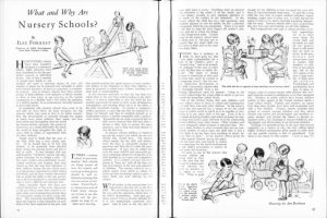 Offenes Buch mit Illustrationen von Kindern, die in einer Kita spielen, Text und einer Tabelle mit Gegenständen.