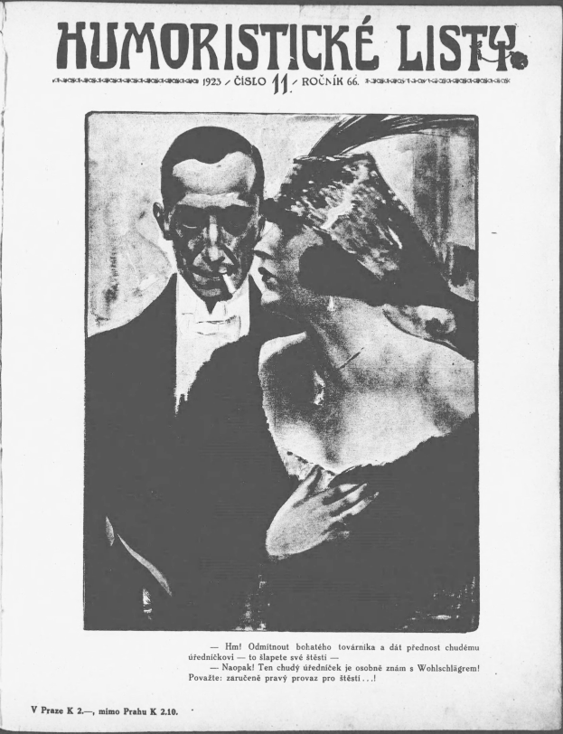 Schwarze und weiße Zeitschriftumschlag mit der Aufschrift 'Humoristische Liste', auf dem ein Mann in einem Anzug mit ernster Miene und eine Frau mit einem leichten Grinsen zu sehen ist.