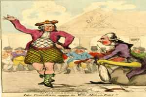 Eine Karikatur eines Mannes in einem Kilt und einer Frau in einem Kleid vor einer Menge, mit einem Gebäude und Wolken im Hintergrund und einem Text unten, der "Low Comedians Amusing the Wise Men of the East" lautet.