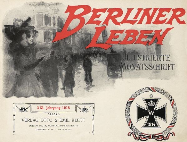 Altes Buch mit dem Titel "Berliner Leben" und einer Gruppe von Menschen in Feierkleidung auf dem Cover und einem Logo mit militärischem Bezug.