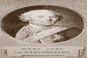 Schwarzes und weißes Portr├Ąt von Hans Carl von Winterfeldt mit ernstem Gesichtsausdruck, mit Text unten.