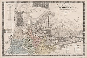 Ein detaillierter historischer Stadtplan von Weimar, Deutschland, der Straßen, Gebäude und Sehenswürdigkeiten zeigt, mit begleitendem Text über die Bevölkerung und Merkmale der Stadt.