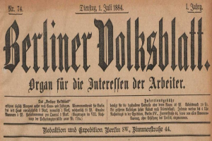 Altes deutsches Volksblatt von 1884, vergilbt und in Schwarz gedruckt.