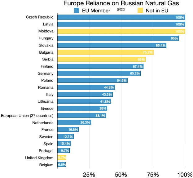 Ein Balkendiagramm, das den prozentualen Anteil Russlands an der natürlichen Gasversorgung Europas zeigt, mit Text, der Investitionsprozentsätze angibt.