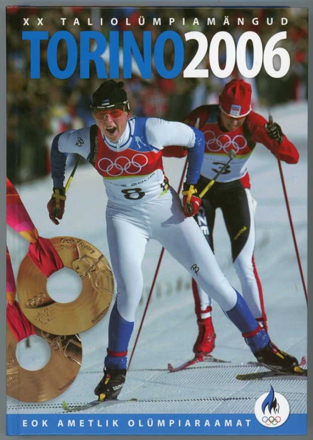 Ein Plakat der Olympischen Spiele 2006 in Turin, Italien, mit zwei Skifahrern auf Schnee und der Aufschrift "Torino 2006".