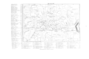 Schwarz-weiß-Karte von Halle, Deutschland, mit detaillierten Textbeschriftungen von Stadtstraßen und Sehenswürdigkeiten.