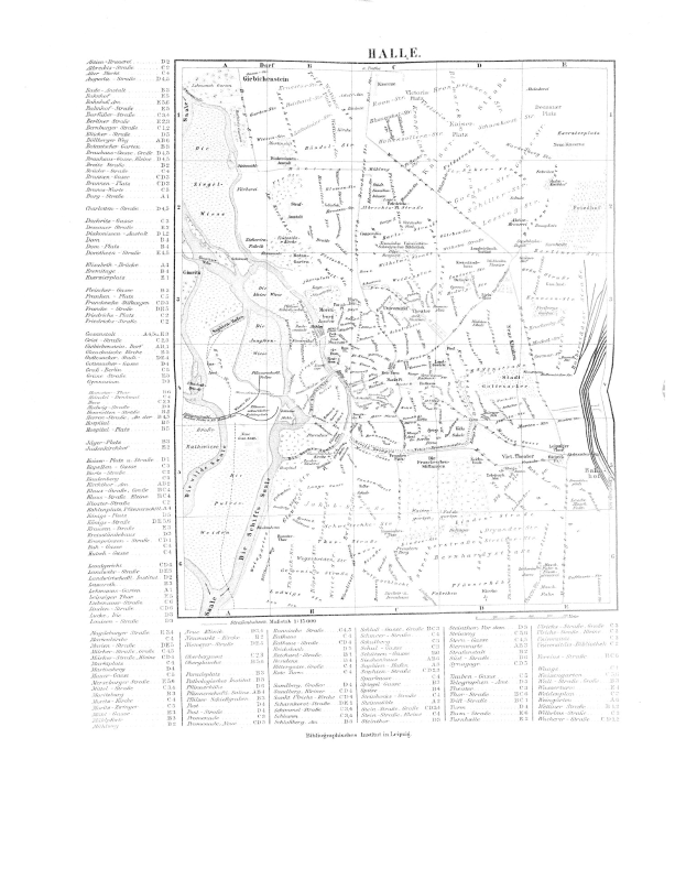 Schwarz-weiß-Karte von Halle, Deutschland, mit detaillierten Textbeschriftungen von Stadtstraßen und Sehenswürdigkeiten.